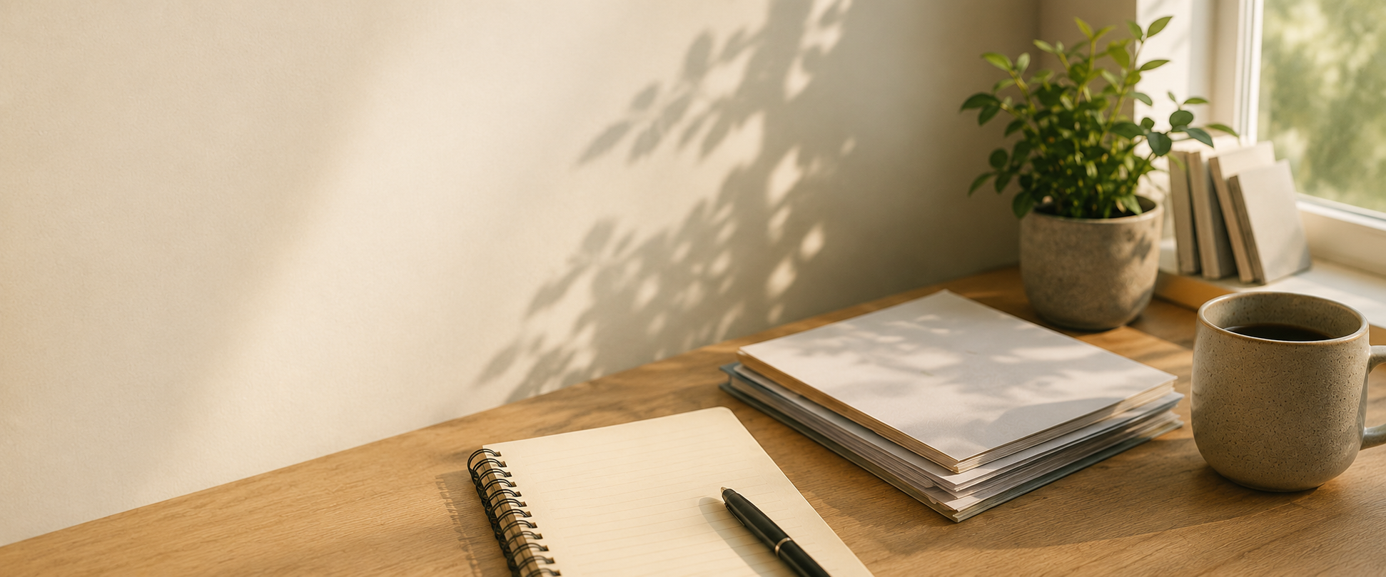 A notebook and documents on a sunlit desk